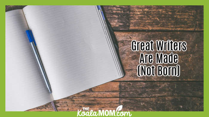 Great Writers Are Made (Not Born) - picture of an open, blank notebook with a pen in it sitting on a rough wooden desk by Jessica Lewis 🦋 thepaintedsquare via Pexels.