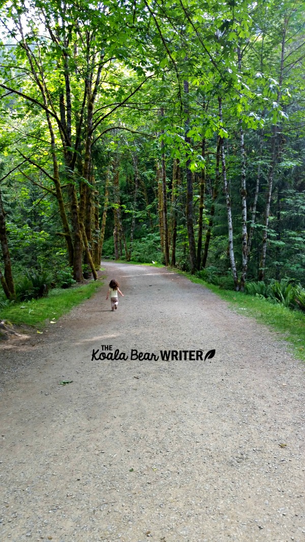 Toddler running down the Othello Tunnels trail