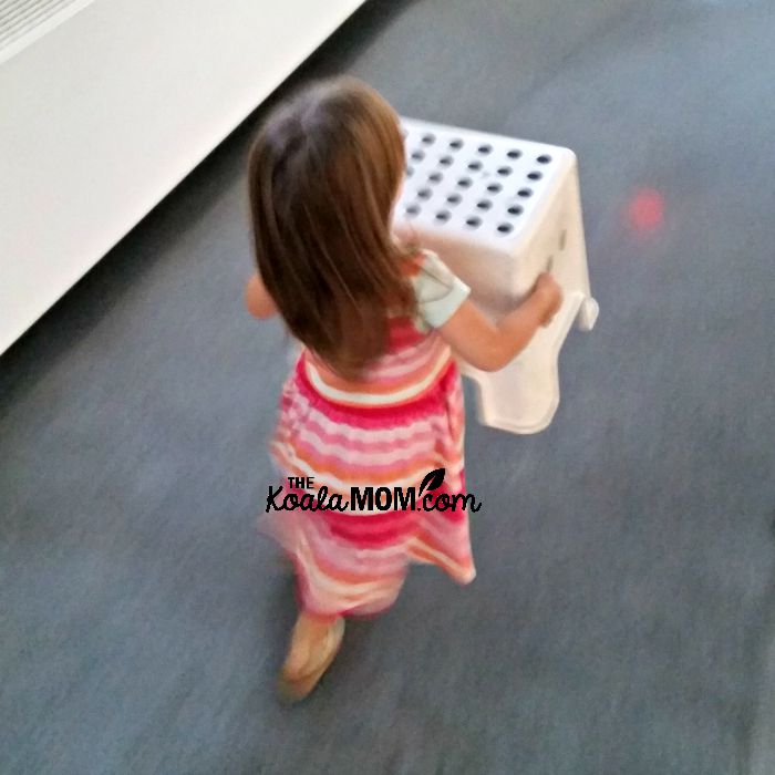 Jade carrying her stool around the Vancouver Lookout