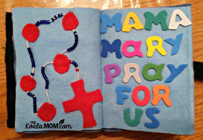 Felt quiet book - rosary page with words "Mama Mary Pray for Us"