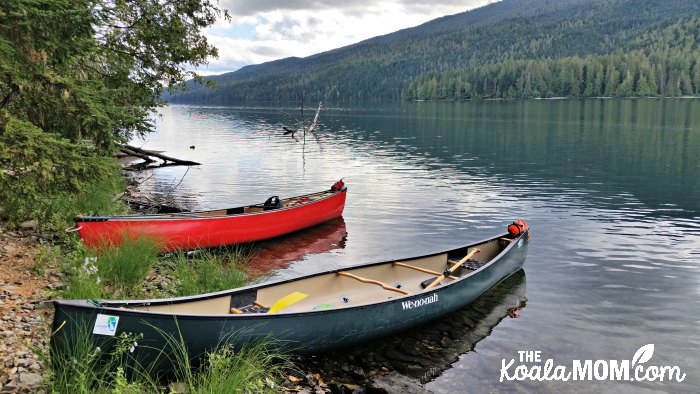 Canoes on beach at Clearwater Lake in Wells Gray Provincial Park