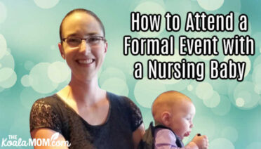 How to Attend a Formal Event with a Nursing Baby (mom wearing a Momzelle black nursing dress holding a baby in a suit)