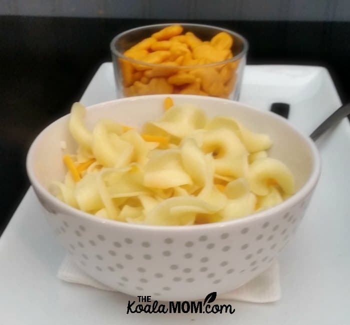 Buttered noodles with goldfish crackers for the kids at the Muddy Waters Cafe in Harrison Hot Springs