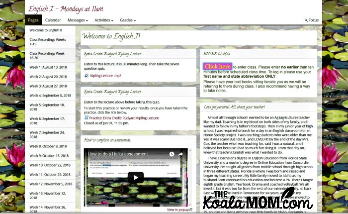 Big River Academy English I class - welcome screen.