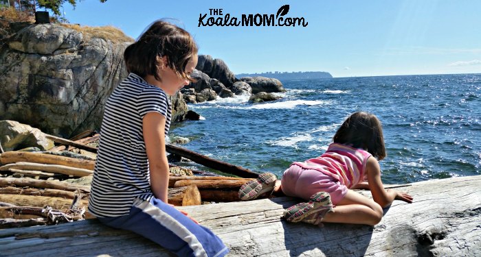 Girls on a large driftwood log.