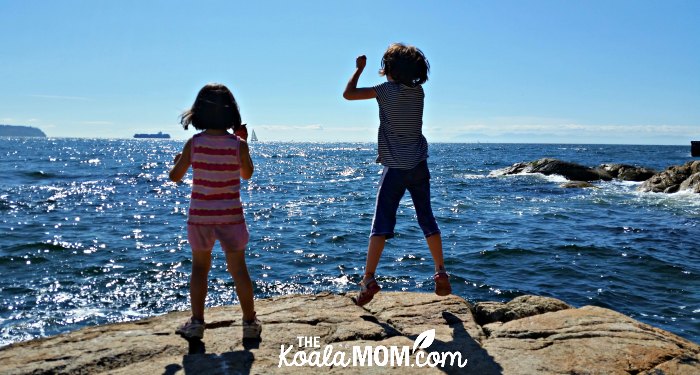 Jade and Lily on the rocks at Lighthouse Park.
