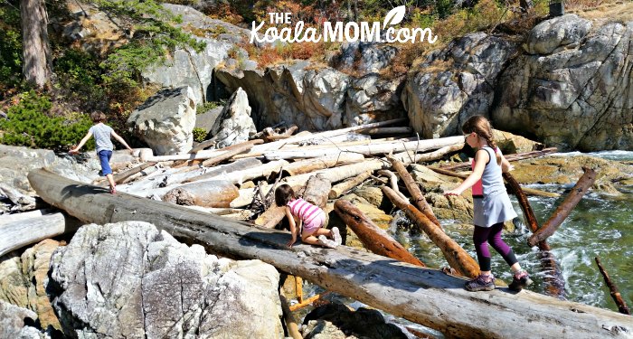 Three girls walking across a driftwood log.