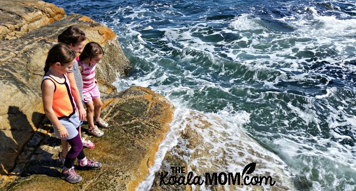 Three girls watching the waves roll over the rocks.