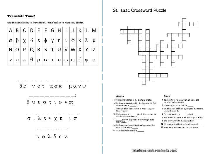Sample activities from North American Martyrs Kids Activity Book