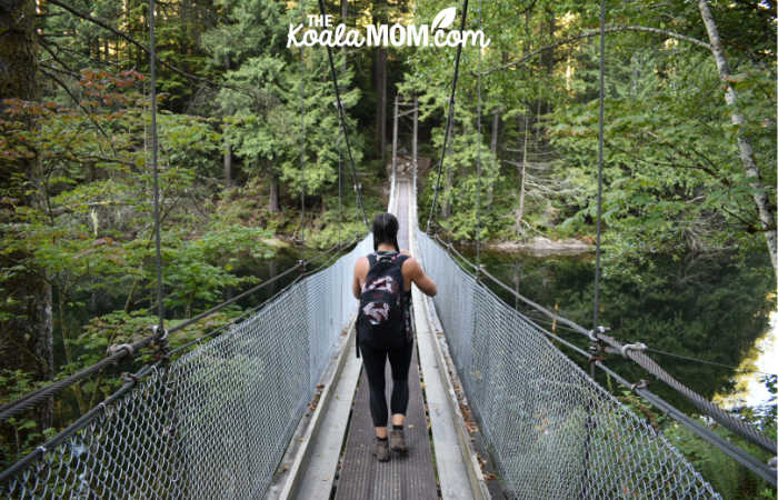 Crossing the suspension bridge at the north end of Buntzen Lake.