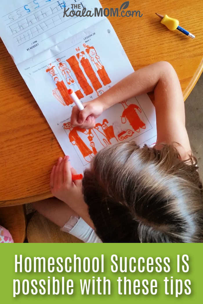 Homeschool Success IS possible with these tips. Photo of girl coloring a math page with orange marker by Bonnie Way.