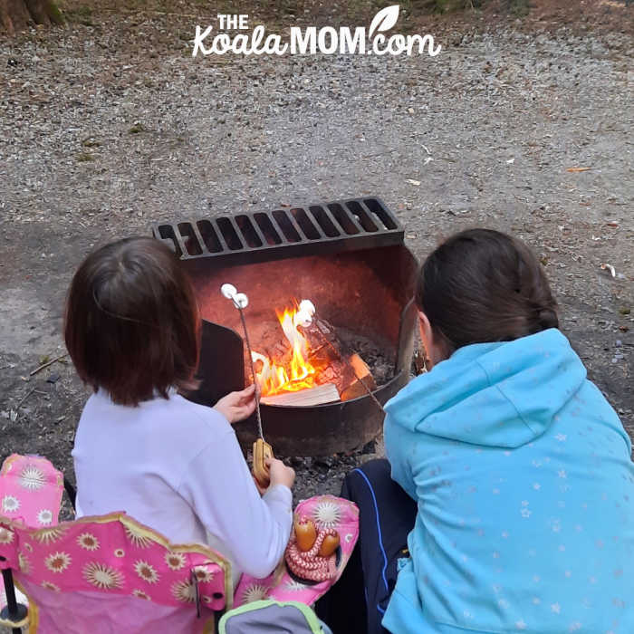 13-year-old and 8-year-old roasting marshmallows over a campfire.