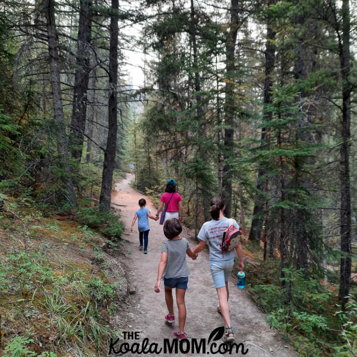 Four sisters hiking a trail in Jasper National Park.