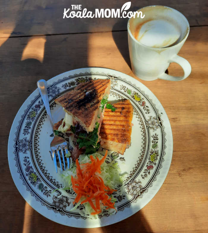 Panini and coffee at the Wild Flour Cafe in Clearwater, BC.