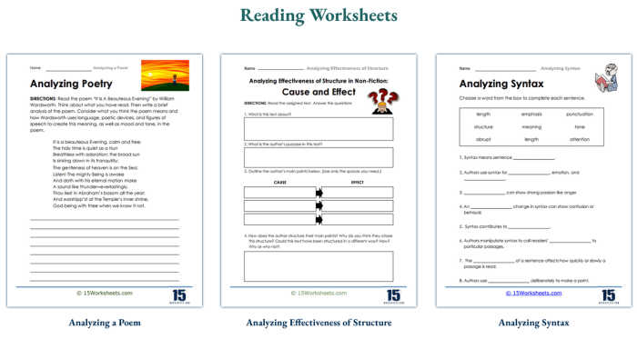 Reading worksheets - screenshot from 15 Worksheets