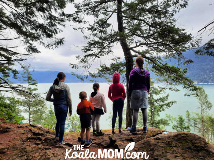 Five kids looking at Harrison Lake.