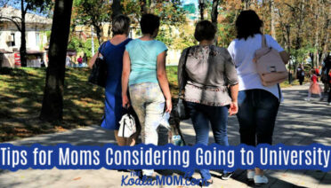 Tips for Moms Considering Going Back to University. Photo of four moms walking together on a university campus via AdobeStock.