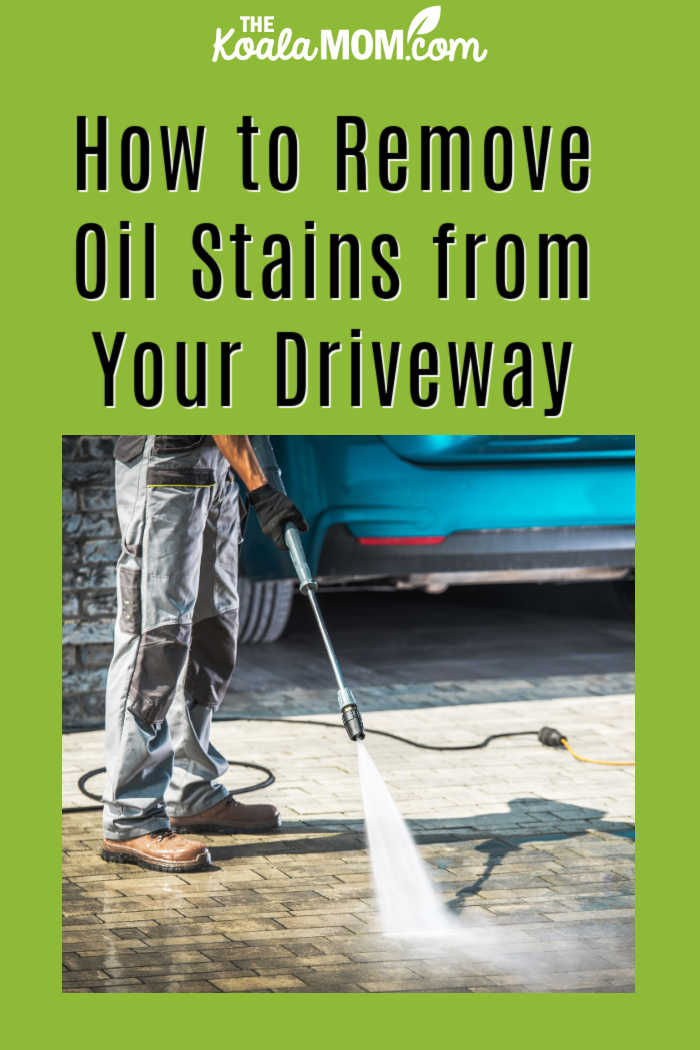 How to Remove Oil Stains from Your Driveway. Photo of man pressure washing driveway behind car via Depositphotos.