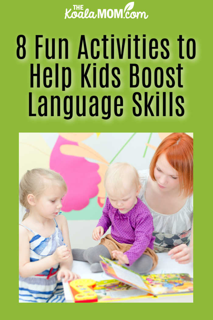 8 Fun Activities to Help Kids Boost their Language Skills. Photo of mom reading a book to her two kids via Depositphotos.