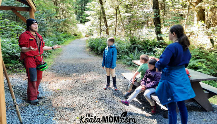 Four kids meet their cave tour guide at Horne Lake Caves.