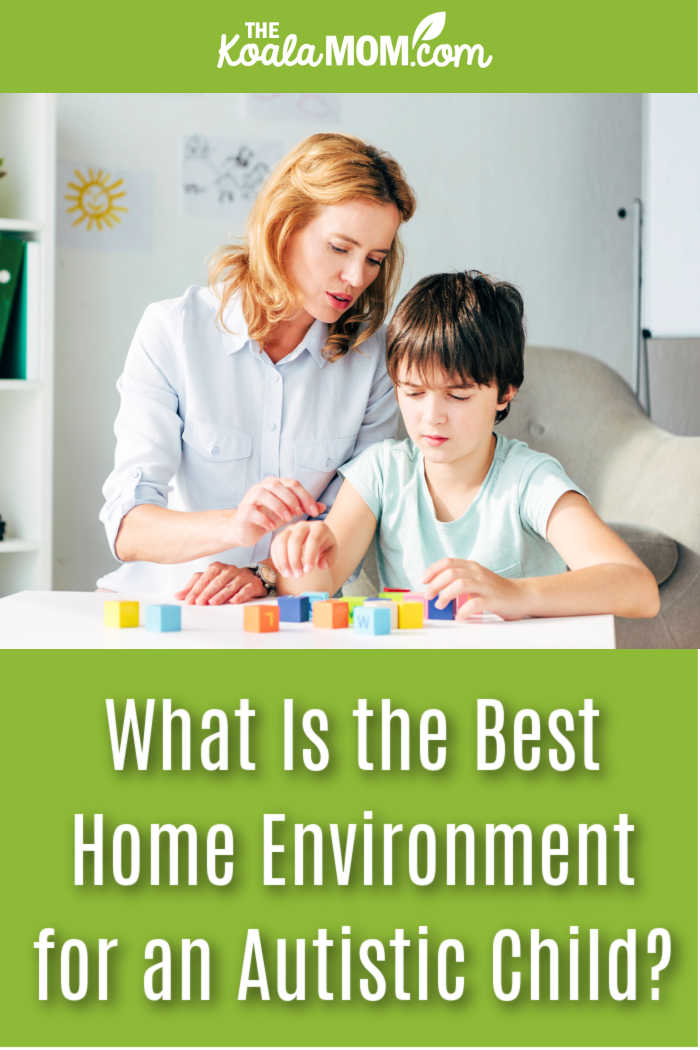 What Is the Best Home Environment for an Autistic Child? Photo of woman working with child playing with blocks via Depositphotos.