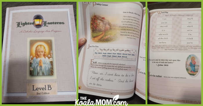 Samples pages from the Lighted Lanterns Level B Catholic language arts curriculum.