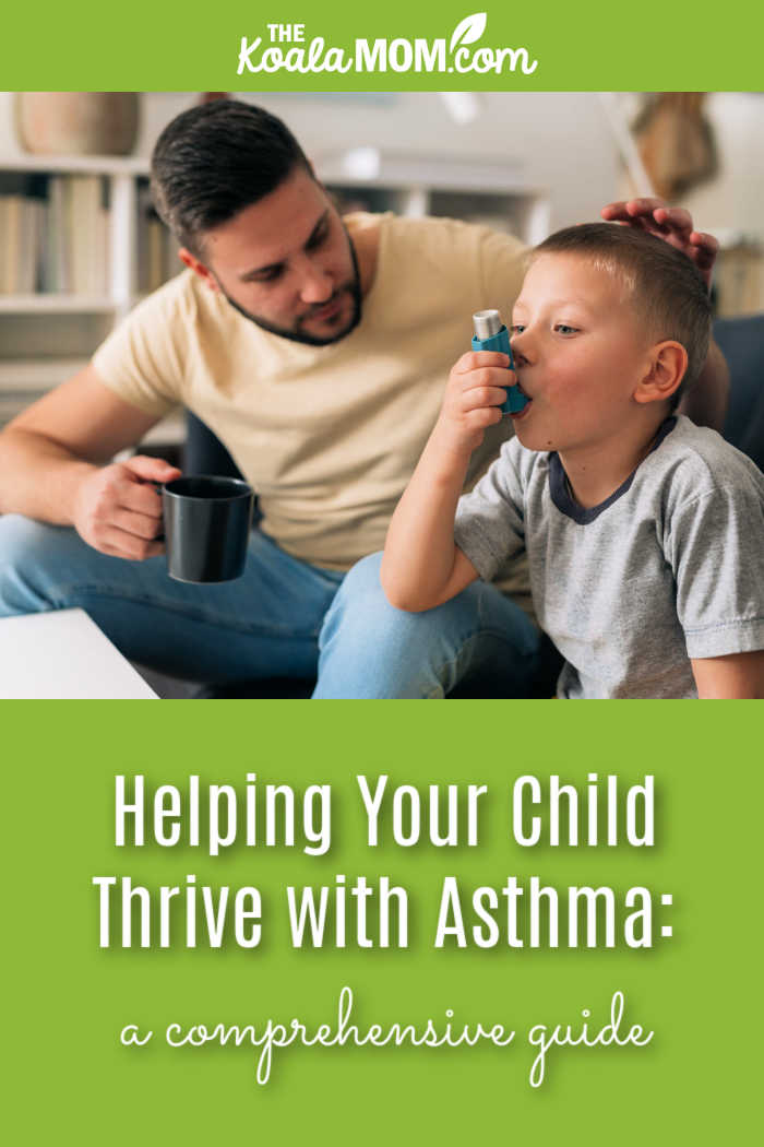 Helping Your Child Thrive With Asthma: A Comprehensive Guide. Stock photo of a dad watching his son take an inhaler.