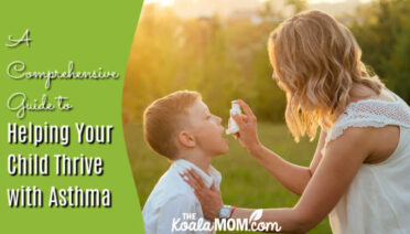 A Comprehensive Guide to Helping Your Child Thrive with Asthma. Stock photo of mom in white shirt helping her son take an inhaler in a field at sunset.