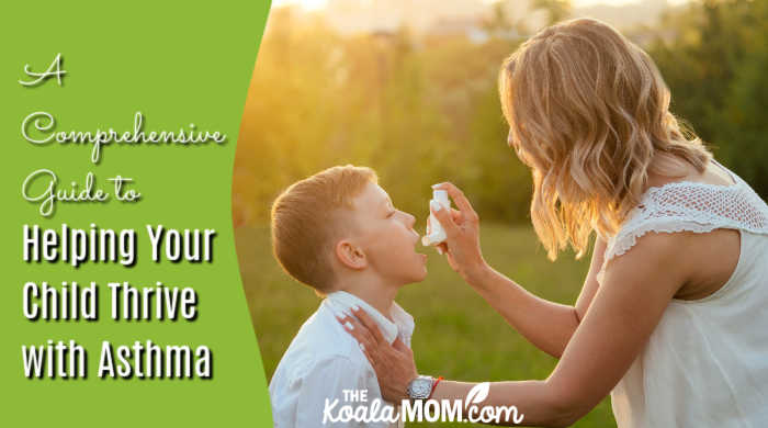 A Comprehensive Guide to Helping Your Child Thrive with Asthma. Stock photo of mom in white shirt helping her son take an inhaler in a field at sunset.