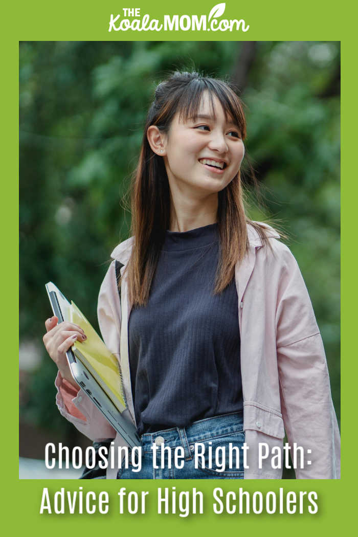 Choosing the Right Path: Advice for High Schoolers. Photo of happy Asian girl holding Chromebook and books by Zen Chung via Pexels.