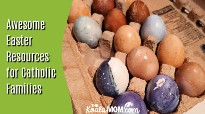 Awesome Easter Resources for Catholic Families. Photo of dyed Easter eggs sitting in a cardboard egg carton by Bonnie Way.