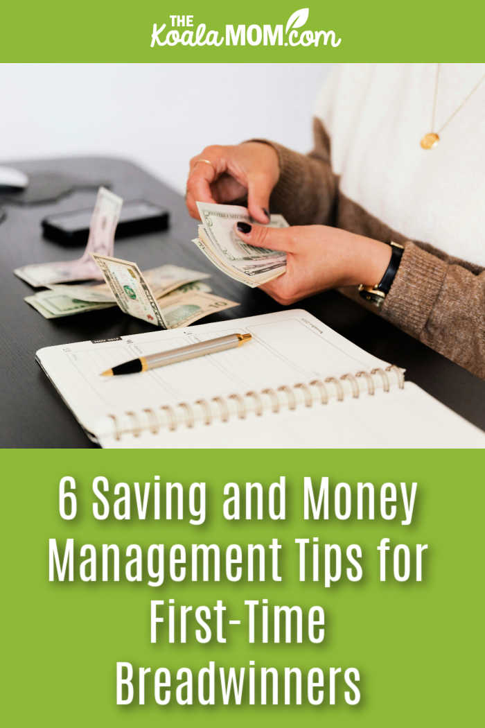 6 Saving and Money Management Tips for First-Time Breadwinners. Photo of woman counting money with her budgeting notebook on her desk by Kaboompics.com via Pexels.