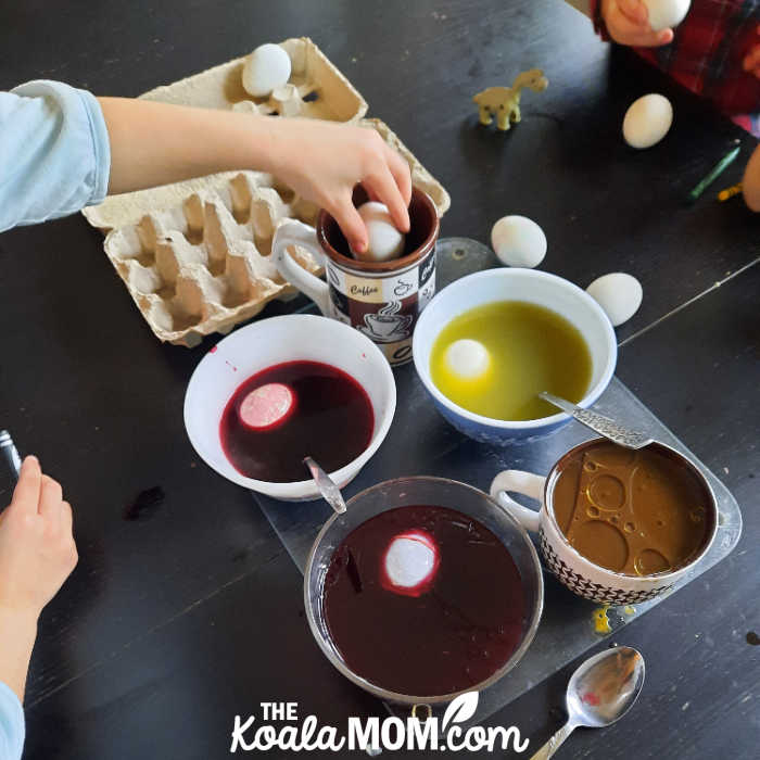 Dying Easter eggs in natural, food-based dyes.