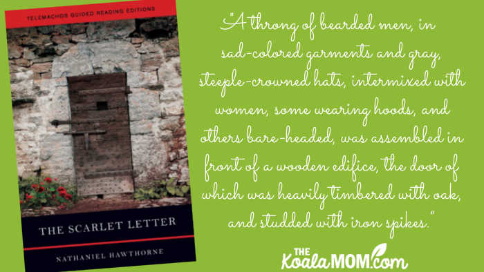 "A throng of bearded men, in sad-colored garments and gray, steeple-crowned hats, intermixed with women, some wearing hoods, and others bare-headed, was assembled in front of a wooden edifice, the door of which was heavily timbered with oak, and studded with iron spikes." opening sentence of A Scarlet Letter by Nathaniel Hawthorne.