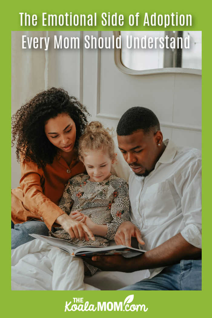 The Emotional Side of Adoption Every Mom Should Understand. Photo of African-American mom and dad with blonde child by olia danilevich via Pexels.