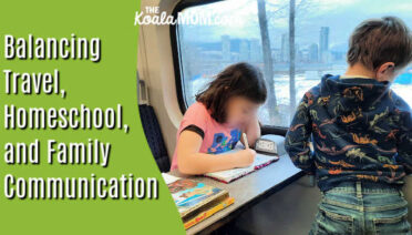 Balancing Travel, Homeschooling, and Family Communication. Photo of two children doing workbooks on a train by Bonnie Way.