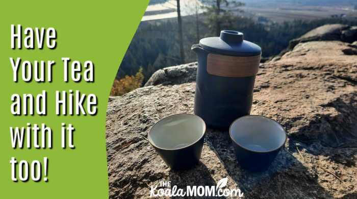 Have Your Tea and Hike with it too! Photo of Umi travel tea set sitting on a rocky viewpoint by Bonnie Way.