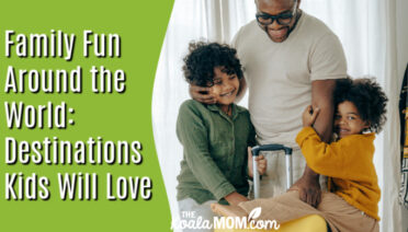 Family Fun Around the World: Destinations Kids Will Love. Photo of dad and two kids hanging out with a yellow suitcase by Ketut Subiyanto via Pexels.