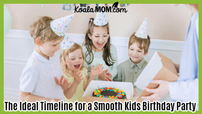 The Ideal Timeline for a Smooth Kids Birthday Party. Photo of four happy kids with white birthday hats on their heads looking at a cake in a box by Thirdman via Pexels.