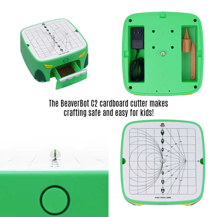 The BeaverBot C2 cardboard cutter makes crafting safe and easy for kids! Four images of green BeaverBot C2 provided by BeaverBot publicist.