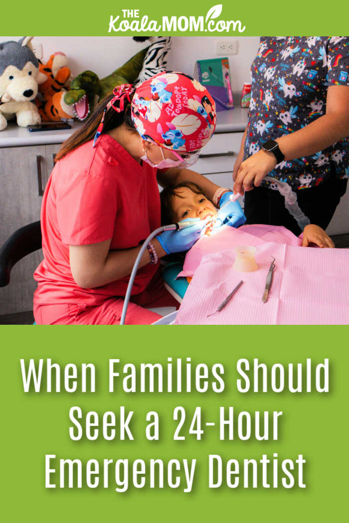When Families Should Seek a 24-Hour Emergency Dentist. Photo of dentist in bright red scrubs working on child's teeth by  8pCarlos Morocho via Pexels.