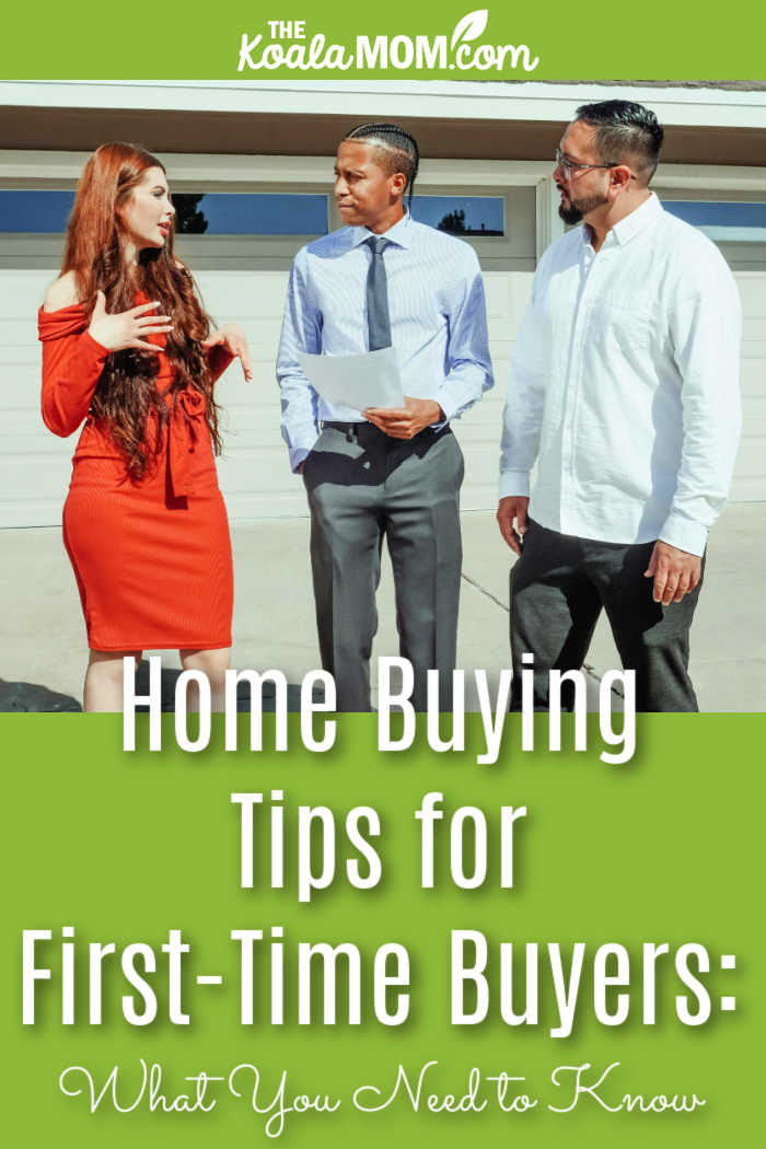 Home Buying Tips for First-Time Buyers: What You Need to Know. Photo of three people standing in front of garage via Pexels.