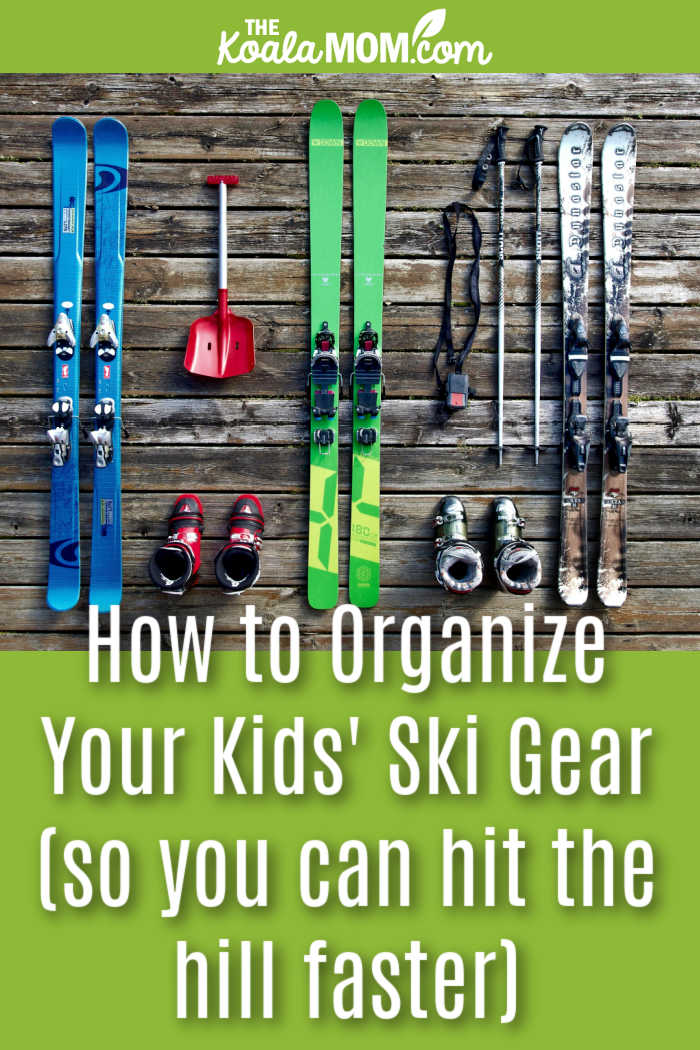How to Organize Your Kids' Ski Gear (so you can hit the hill faster). Photo of skis and poles laying neatly on a wooden deck by Pixabay.