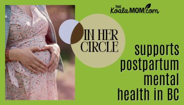 In Her Circle supports postpartum mental health in BC. Image of pregnant mom in a pink floral dress holding her hands in a heart shape over her tummy by Анастасия Триббиани via Pexels.
