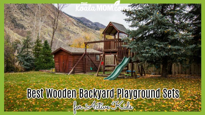 Best Wooden Backyard Playground Sets for Active Kids. Photo of wooden playground set sitting between spruce trees and wooden shed by Get Lost Mike via Pexels.