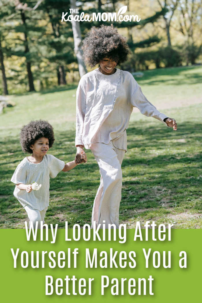 Why Looking After Yourself Makes You a Better Parent. Photo of black mom and child wearing white running across a grassy lawn together while smiling by Barbara Olsen via Pexels.