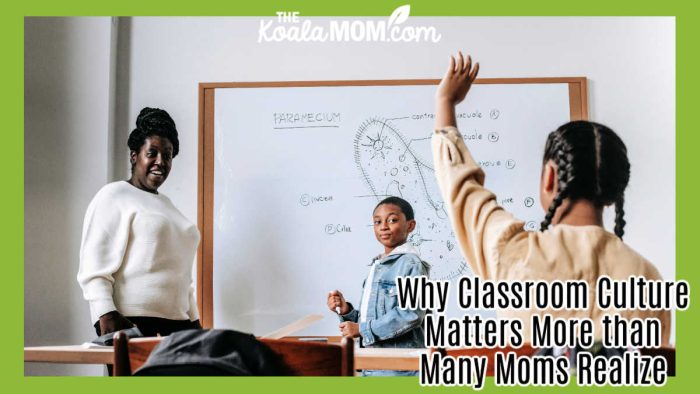 Why Classroom Culture Matters More than Many Moms Realize. Photo of black teacher smiling at two students in her classroom by Katerina Holmes via Pexels.