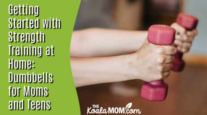 Getting Started with Strength Training at Home: Dumbbells for Moms and Teens. Photo of woman's arms and hands holding two pink dumbbells by Juls P on Unsplash.