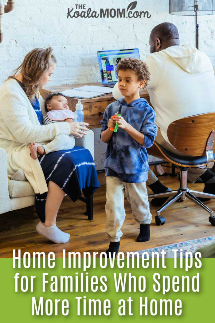 Home Improvement Tips for Families Who Spend More Time at Home. Photo of dad working at computer, mom feeding baby, and child walking past by Keira Burton via Pexels.