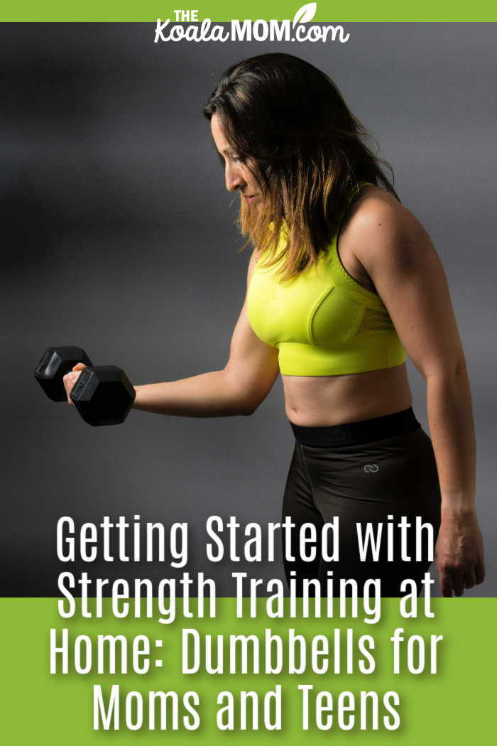 Getting Started with Strength Training at Home: Dumbbells for Moms and Teens. Photo of white woman wearing workout attire lifting a black weight by Limor Zellermayer via Unsplash.